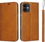 for iPhone 12 Mini Case (5.4"),Cavor Folio Flip Leather Wallet Phone Case Stand Card Holder Magnetic Closure Clear TPU Bumper Slim Thin Cover Case with Wristlet Strap- Brown
