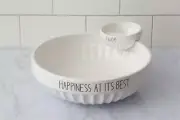 New Farmhouse Shabby Chic HAPPINESS AT ITS BEST CHIP & DIP BOWL SET White Dish