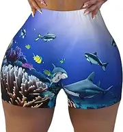 [YANYU] Shark Swimming Under The Sea Print Women's Workout Short Elastic Scrunch Gym Shorts Exercise High Waisted Fit Yoga