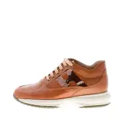 HOGAN women shoes Interactive bark brown leather sneaker with bronze paillettes