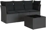 vidaXL Garden Sofa Set with Cushions, 4 Piece Modular Black Poly Rattan Patio Seating with Storage, Tempered Glass Tabletop, Removable Covers, Cream White Cushions - Outdoor Furniture for Deck, Te...