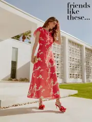 Friends Like These Red Floral Flutter Sleeve Empire Midi Dress (F03425) | $136