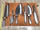 6pc Custom Hand Forged Kitchen Knife Set w/Full Tang Blades & Leather Roll Pouch