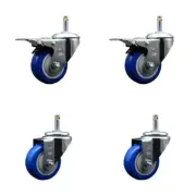 3 Inch Blue Poly Wheel Swivel 7/16 Inch Stem Caster Set 2 Total Lock Brake