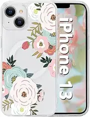 Tcaraersing for iPhone 13 6.1'' for Magnetic Clear Flower Case, Compatible with MagSafe, Floral Pattern Transparent Shockproof PC Back Soft TPU Slim Thin Cover for Girls Women - Abundant Blossom