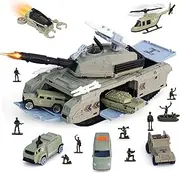 Military Building Tank Toy with Mini Soldier Men Set, Army Models Toys with Vehicle Car Helicopter for Boys Girls Kids Party Favors, Easy to Store