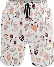 [GuoChe] Men's Novelty Beach Shorts Colorful Cooking Tools Pink Quick Dry Beachwear Board Shorts Mens Swim Trunk Bathing Suits
