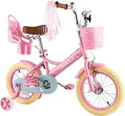[RULLY] 16 Inch Kids Bike for 4 5 6 7 Years Girls with Training Wheels & Front Handbrake, Kids Bicycle with Basket Bike Streamers Toddler Cycle Bikes, Pink