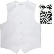 New Men's white vest tuxedo waistcoat_black white ZEBRA Bowtie Hankie set prom