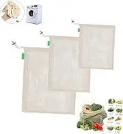 BRIGHTFUFU 3 Pcs Reusable Cotton Mesh Bags Washable Drawstring Food Storage Pouches for Vegetables Fruits Organization for Grocery Shopping Keeping Produce Fresh