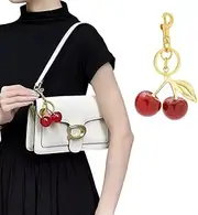 [Generic] Cherry Bag Charm Keychain, Red Glitter Double Cherry with Gold Leaf, Decorative Handbag Accessory