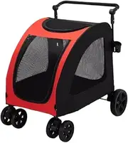 Pet Stroller Dog Stroller Foldable Dog Stroller with 4 Wheels and Adjustable Handle Mesh Skylight Cat Dog Stroller for Large Medium Dogs Cats Cat Stroller Dog Strollers(Color:Red black)