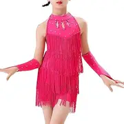 [Jhaoyu] Girls Tassel Latin Dance Dress With Gloves Salsa Tango Ballroom Dancewear Fringe Boysuit Figure Skating Costume