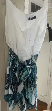 NWT BloomChic Tropical Print Romper Size 1X ( 14-16) White & Green Belted Waist