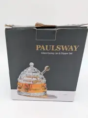 NEW Paulsway Heavy Glass Honey Jar and Two Wooden Dippers Set