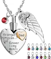 [Loving Memories] Silver Stainless Steel Three Charm DAD Script Angel Wing and gem stone pendant Keepsake Urn