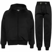 Kids Plain Tracksuit Cuffed Hoodie Black Sweatpants Casual Fashion Girls Boys