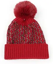 [AOYONGOIT] Fedora Autumn and Winter Plaid Cuffed Wool Ball Knitted Hat Fashionable Warm Wool Ball Hat Wool Hat/470(Red)