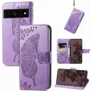 For Google Pixel 7 Case, Butterfly Embossed PU Leather Wallet Folio Cover, Stand, Light Purple