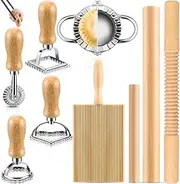 KITment 9pcs Pasta Making Tools Set, Wood Gnocchi Board, Rolling Pin, Pasta Roller, 4 Ravioli Stamp Maker Cutter, Dumpling Maker, Kitchen DIY Gift