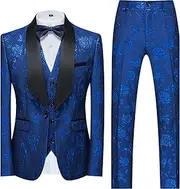 [JEShifangjiusu] Men's 3 Pieces 1 Button Flora Tuxedo Blazer Elegant Slim Fit Single Breasted for Prom Wedding Party Stylish Suit Dress Set Vest Pants, Jewel Blue, M