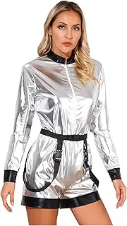 [Choomomo] Women's Astronaut Costume Jumpsuit Shiny Metallic Long Sleeve Zipper Leotards with Belt Clubwear