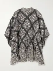 [Brunello Cucinelli] Brunello Cucinelli - Fringed Sequin-embellished Argyle Open-knit Wool-blend Turtleneck Sweater - Dark gray - small small Gray