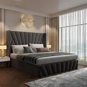 [Royal Sleep] Victoria Queen Plush Velvet Bed Frame | Solid Wooden Slat, Elegant Style Bronze Studs & Sturdy Structure Bed Frame | Storage Function with Hydraulic Gas Lift Bed Frame(Grey)