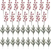 35 Pcs Artificial Pine Branches with Red Berry Stems Christmas Greenery Pine Needles Picks Frosted Berries Branches for DIY Craft Wreath Garland Home Decor
