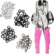 We R Memory Keepers 70908-4 Crop-A-Dile Eyelet and Snap Punch Kit | Includes Crop-A-Dile with Pink Comfort Handle, Heavy-Duty-Plastic Carrying case, 100 Eyelets in Assorted Colors and Instructions
