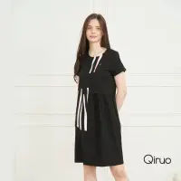在飛比找momo購物網優惠-【Qiruo 奇若名品】春夏專櫃精品黑色造型短袖七分裙洋裝(