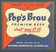Vintage Unused Label Pop's Brau Premium Beer Altoona Brewing Co., Altoona Pa