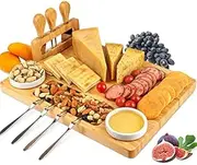 ROYAMY Bamboo Cheese Board Set with 3 Stainless Steel Knife, Meat Charcuterie Platter Serving Tray for Wedding Birthdays Christmas Anniversary Housewarming Kitchen Personalized Gift