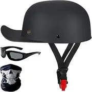 Vintage Open Face Motorcycle Helmet Retro Baseball Cap Half Helmets Baseball Style Cap Motorcycle Helmets for Cruiser Street Scooter Moped Cap with Glasses, DOT Approved