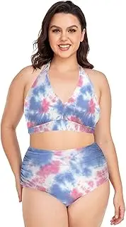 [Caihoyu] Ladies' Plus Size Two-Piecing Swimwear Tummy Control Bathing Suits High Waisted Bikini Swimwear Tie Dye Tone Clouds Blue L