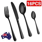 16PCS Stainless Cutlery Set Steel Spoon Fork Knife Tablespoons Teaspoons Black F