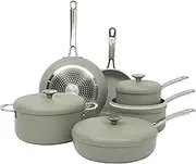 Sur La Table Kitchen Essentials Potluck Porch 10 Piece PFA Free Ceramic Non Stick Interior Forged Aluminum Cookware Pots and Pans Set W/Aluminum Lids - Green - Induction Compatible