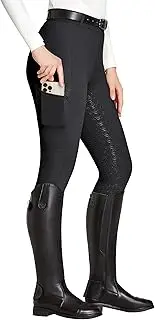 [FitsT4 Sports] Riding Leggings Women's Riding Trousers Girls Silicone Full Seat with Mobile Phone Case and Belt Loops for Horse Training, Black, M