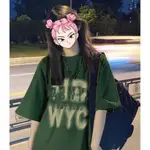 夏天衣服 女生衣服 夏季寬松街頭風美式復古墨綠色短袖T恤女半袖上衣服 短袖上衣 上衣 T恤 短袖 韓版上衣 寬鬆上衣