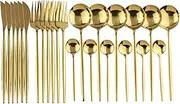 JANKNG 24-Piece Flatware Set, 18/0 Stainless Steel Knife Fork Spoon Teaspoon Silverware Set, Service for 6, MIrror Gold