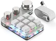 One Handed Programmable Mechanical Keyboard, 9 Keys Mini Custom Keypad with Knob, with RGB Backlit, for Graphic Design, Software Shortcut Keys (White)