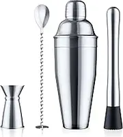 Blue River Water 24oz Cocktail Shaker Set - Martini Shaker w Built-in Drink Shaker Strainer, Muddler, Jigger, Mixing Spoon, Recipe Book for Bartending - Bar Shaker/Alcohol Shaker