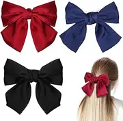 Bow Hair Clip,3 Pack Big Bow Hair Barrettes Hair Bows Barrettes Solid Color Soft Satin Silky Bows Barrette Accessories for Women Girls,Black, Blue, and Red