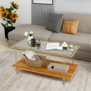Costway2 Tier Rectangular Coffee Table with Gold Steel Frame and Storage Shelf for Living Room