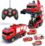 Remote Control Fire Truck with Led Sounds,RC Fire Truck Car Toy with 3pcs Small Firetrucks 10pcs Roadblock Models, One Button Press Spraying Water Transformer Fire Truck Toys for Kids Toddlers Boys