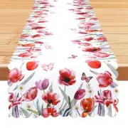 Spring Floral Table Runner with Red Tulip and Butterfly Design – Elegant