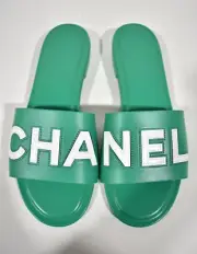 Chanel 23P Green White Leather CC Logo Letter Mules Slide Slip Sandal Flat 39.5
