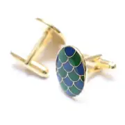 925 Sterling Silver Blue Green Enamel Oval Shape Gold Plated wedding Cufflink