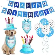 Whaline 4Pcs Pet Birthday Party Supplies Set Birthday Cake Dog Hat, Dog Bandana, Happy Birthday Banner and Balloons Blue Dog Birthday Party Accessories for Dog Pet Birthday Party Costumes Decoration