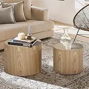 Vanress Nesting Coffee Table Set of 2 Round Side Table End Table for Living Room, Wood Circle Drum Coffee Table Contemporary Living Room End Table for Small Space Living Room (Wood Color)